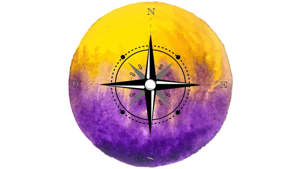 compass against yellow and purple watercolour circle