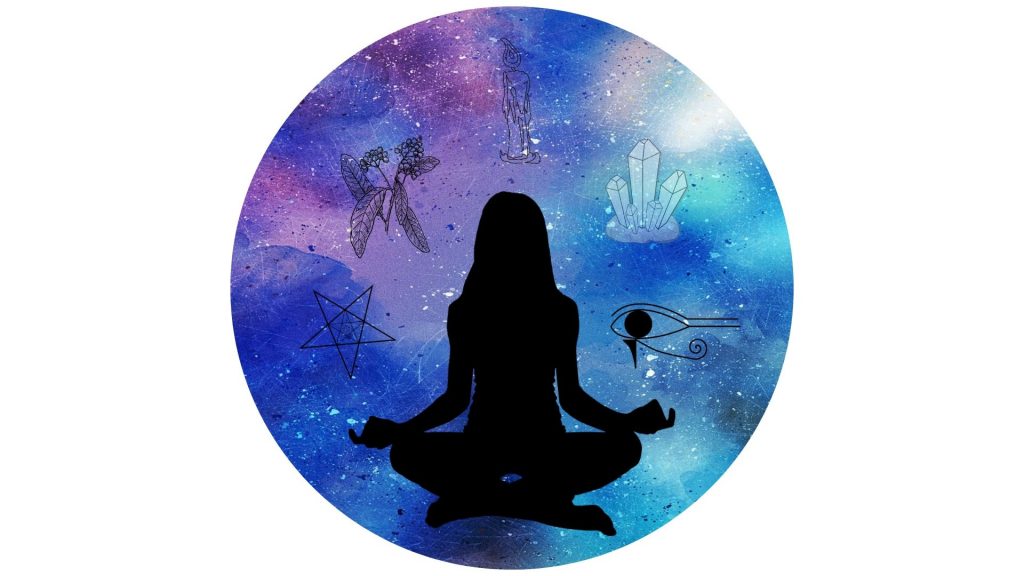 cross legged silhouette on blue background surrounded by symbols, herbs and crystals for witchy altar  