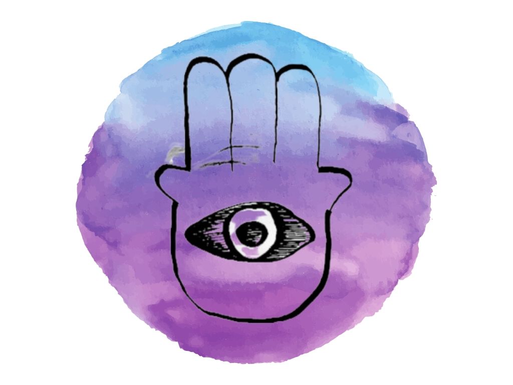 witch and wiccan symbols #7 hamsa hand against purple and blue watercolour background