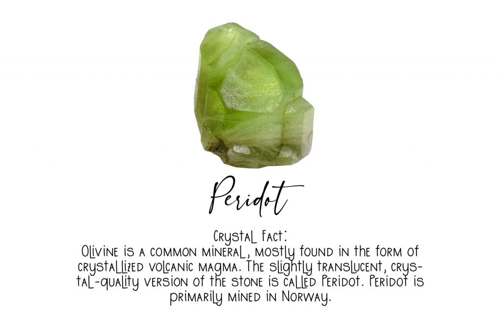 crystal witchcraft image of peridot crystal with factual text on white background