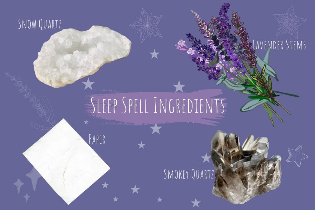 sleep spell ingredients snow quartz, lavender stems, paper, smokey quartz illustrated with words next to ingredients against purple background with white stars