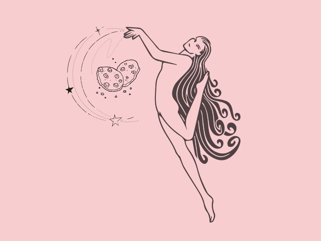 illustrated woman with very long hair throwing magic onto cookies against a pink background