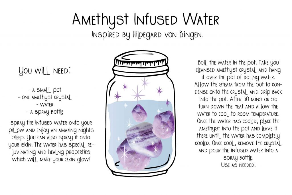 amethyst infused water - Illustrated instructions on white background.